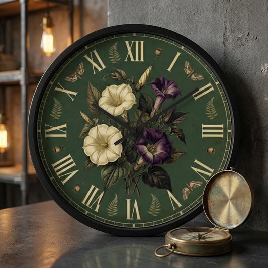 Vintage Morning Glory Floral Wall Clock | Roman Numeral Botanical Clock