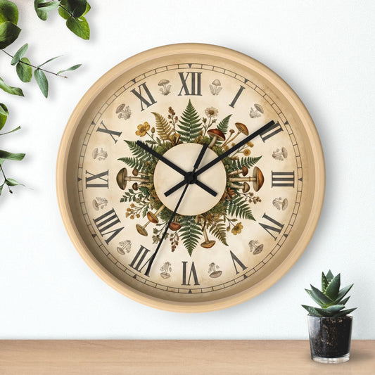 Mushroom Fern Floral Wall Clock | Vintage Roman Numerals, Botanical Decor