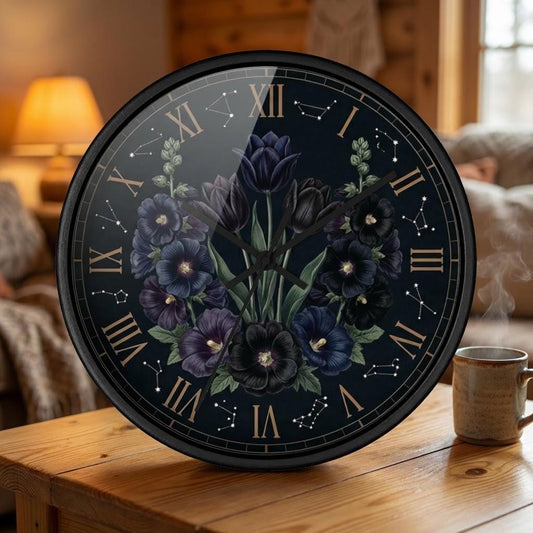 Midnight Violet Florals Wall Clock | Roman Numerals, Constellation Accents