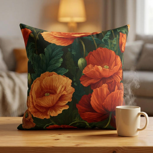 Vintage Orange Poppies Spun Polyester Square Pillow | Floral Botanical Throw Pillow