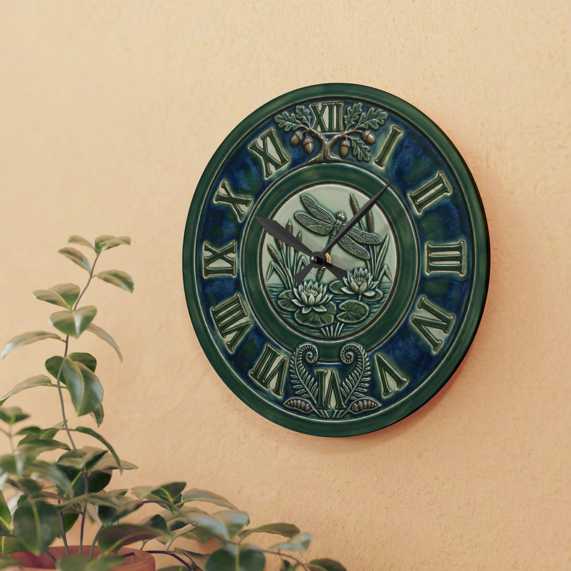 Art Nouveau Botanical Clock Acrylic Wall Clock | Roman Numerals, Green Ceramic Style