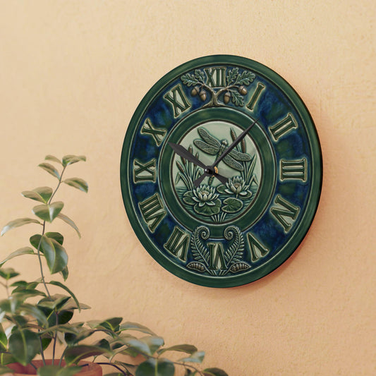 Art Nouveau Botanical Clock Acrylic Wall Clock | Roman Numerals, Green Ceramic Style