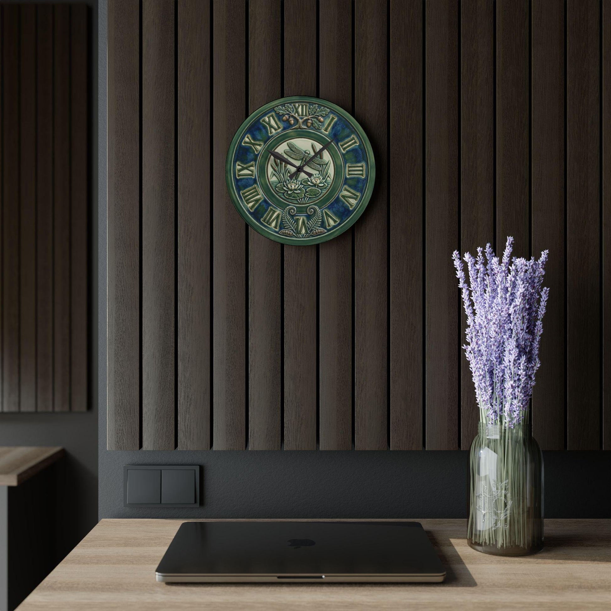 Art Nouveau Botanical Clock Acrylic Wall Clock | Roman Numerals, Green Ceramic Style