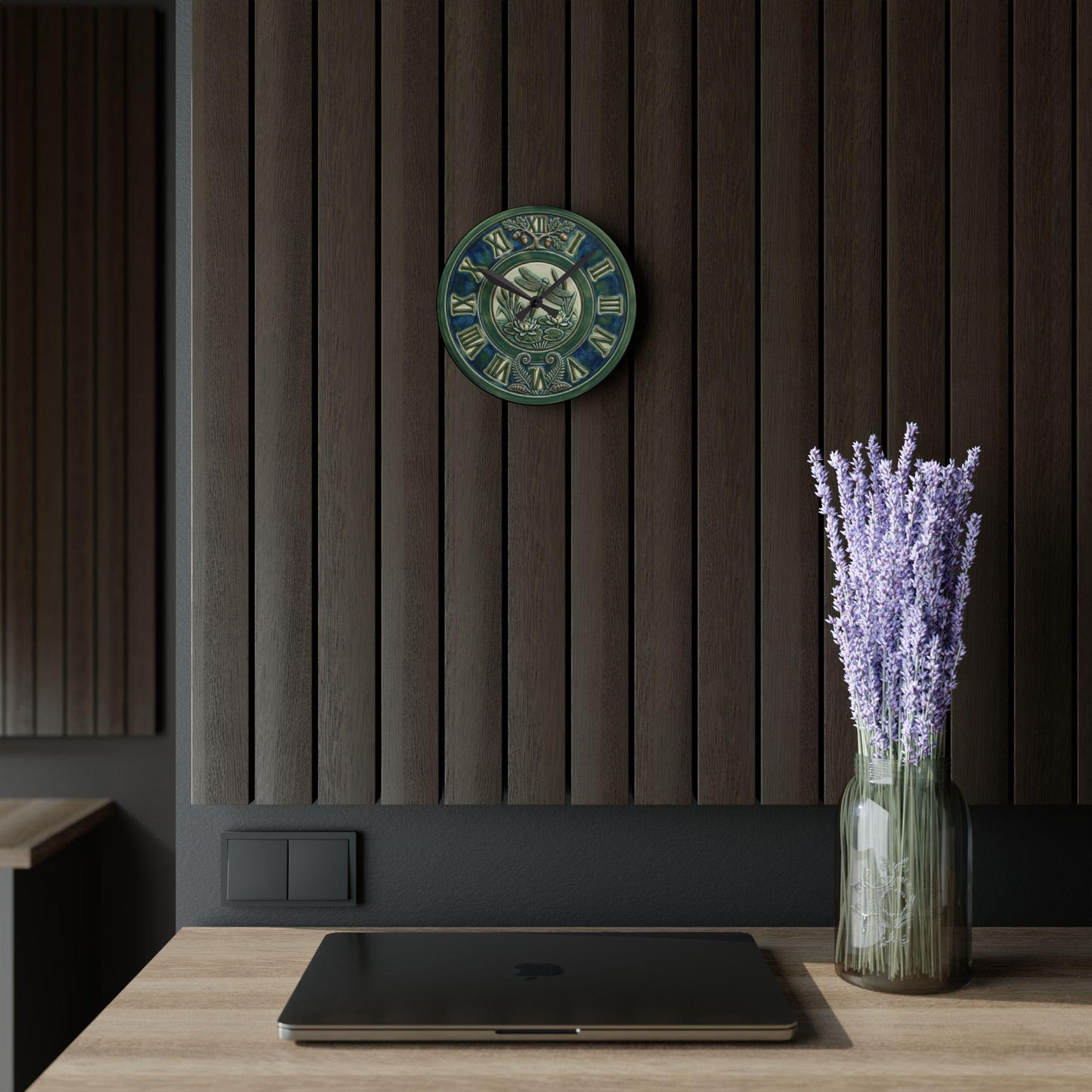 Art Nouveau Botanical Clock Acrylic Wall Clock | Roman Numerals, Green Ceramic Style