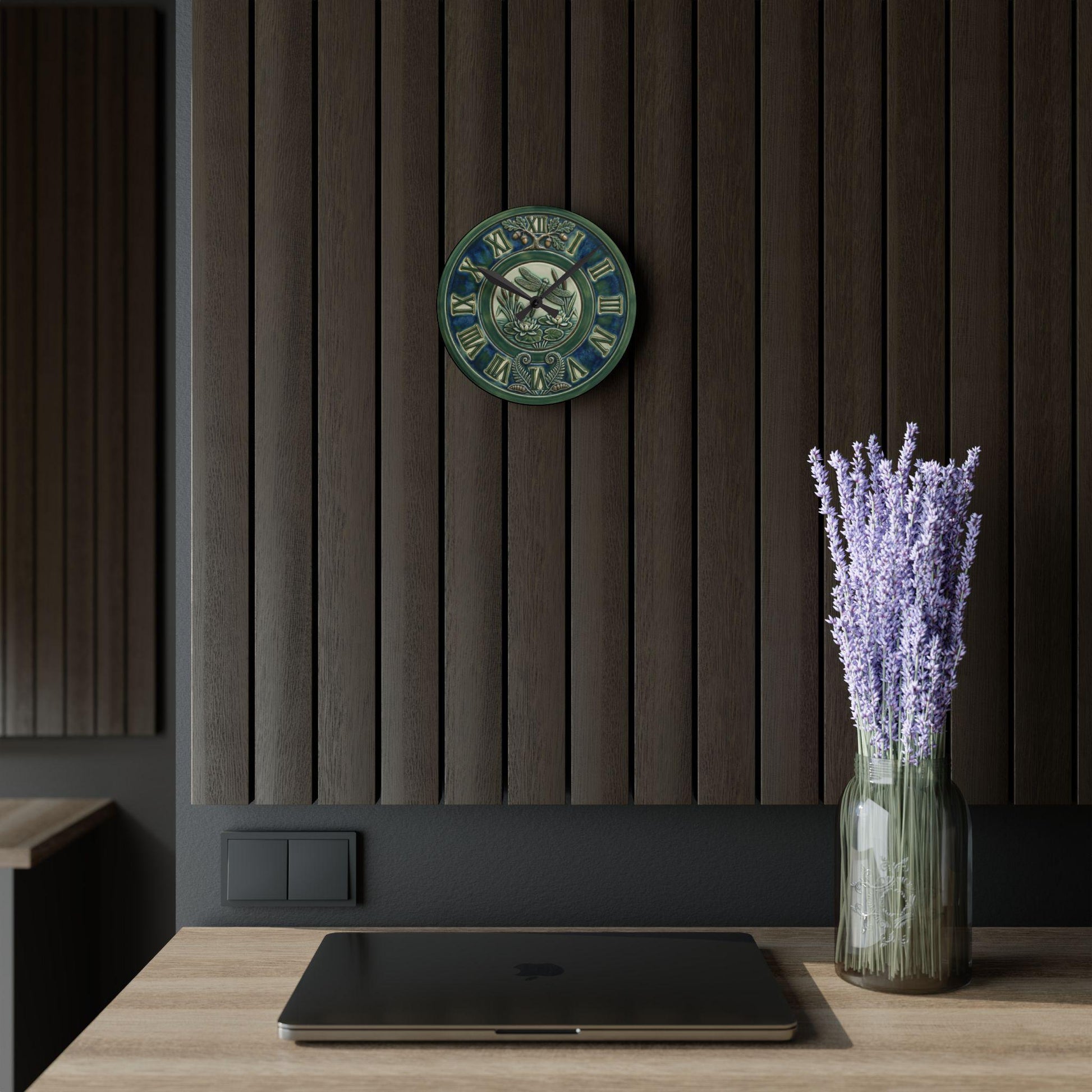 Art Nouveau Botanical Clock Acrylic Wall Clock | Roman Numerals, Green Ceramic Style