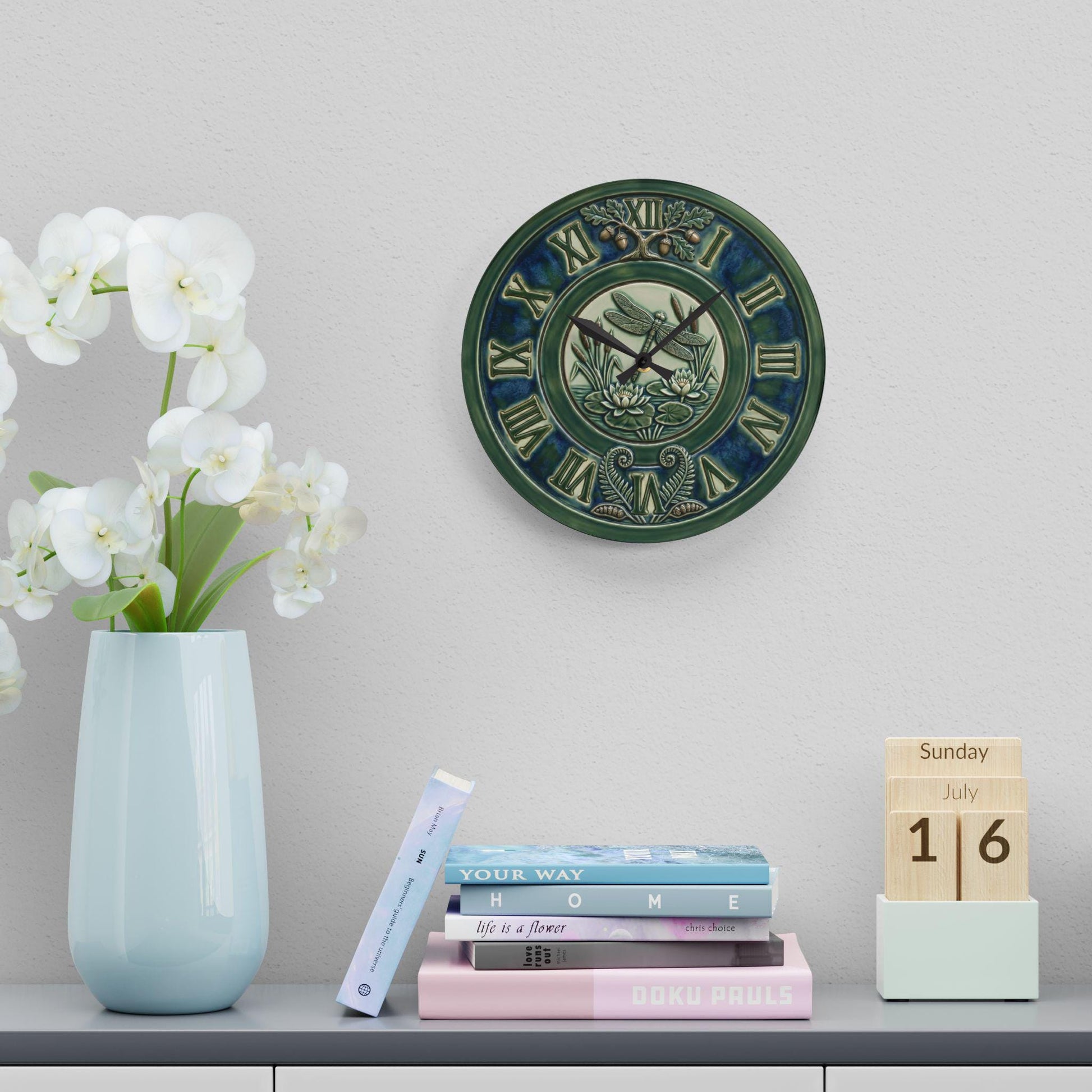 Art Nouveau Botanical Clock Acrylic Wall Clock | Roman Numerals, Green Ceramic Style