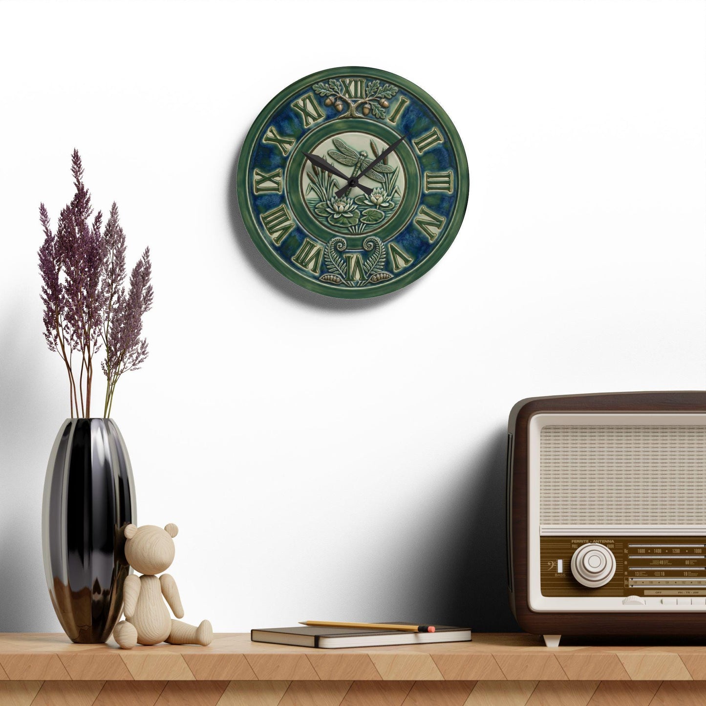 Art Nouveau Botanical Clock Acrylic Wall Clock | Roman Numerals, Green Ceramic Style