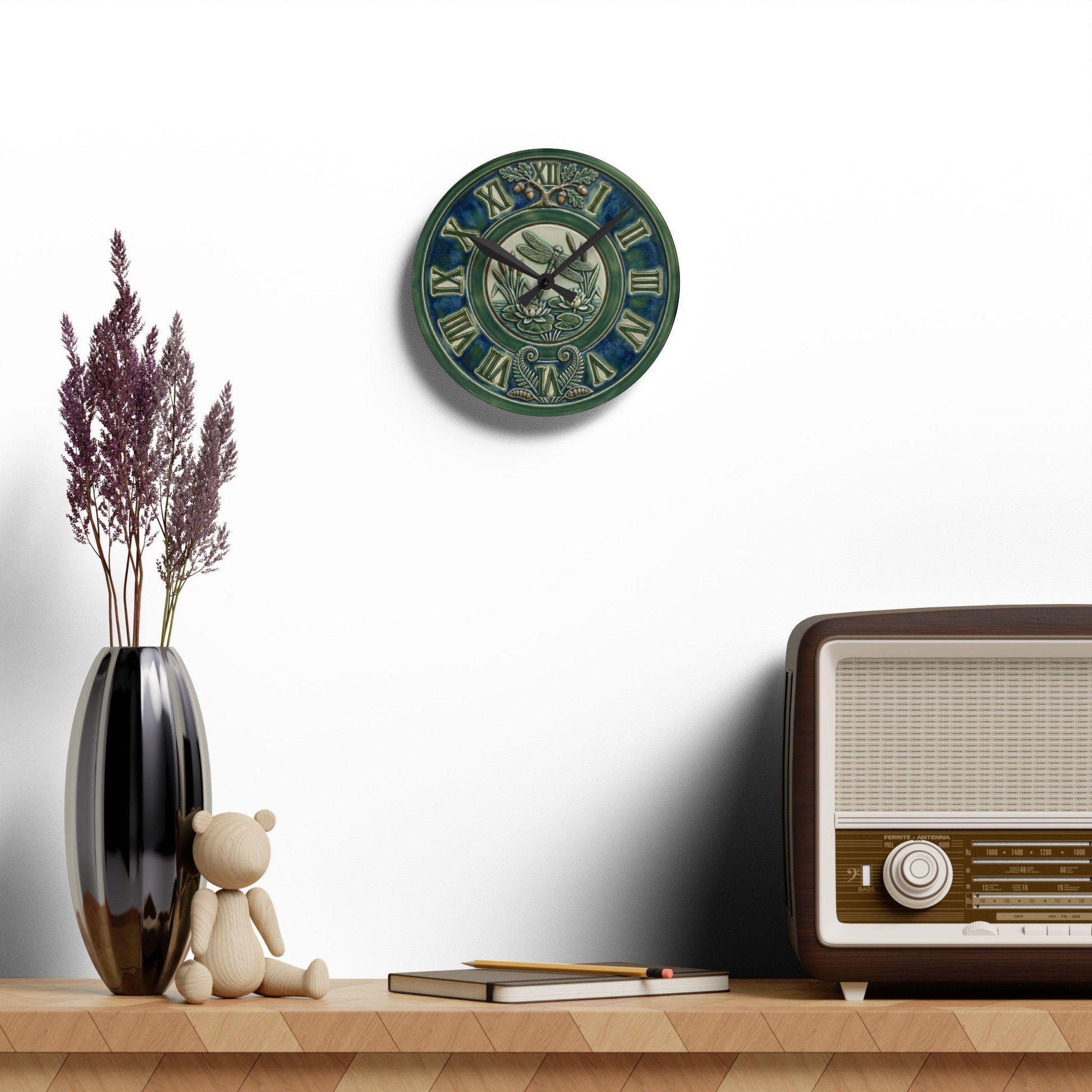 Art Nouveau Botanical Clock Acrylic Wall Clock | Roman Numerals, Green Ceramic Style