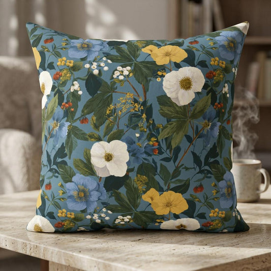 Blue Floral Pattern Pillow | Vintage Botanical Throw Pillow