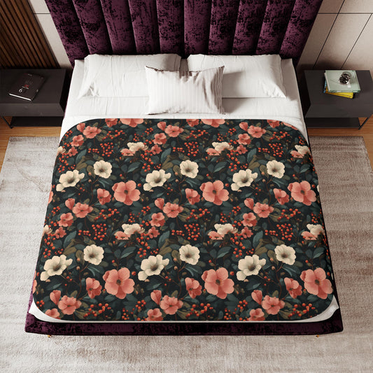 Vintage Floral Sherpa Blanket | Dark Botanical Flowers, Cozy Throw