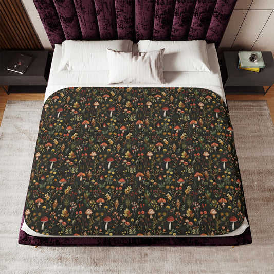Autumn Mushroom Pattern Sherpa Blanket | Forest Fungi Cozy Throw