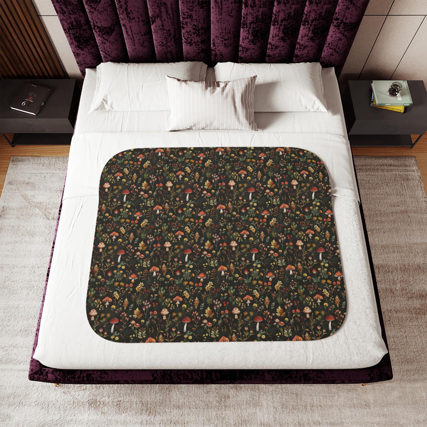 Autumn Mushroom Pattern Sherpa Blanket | Forest Fungi Cozy Throw
