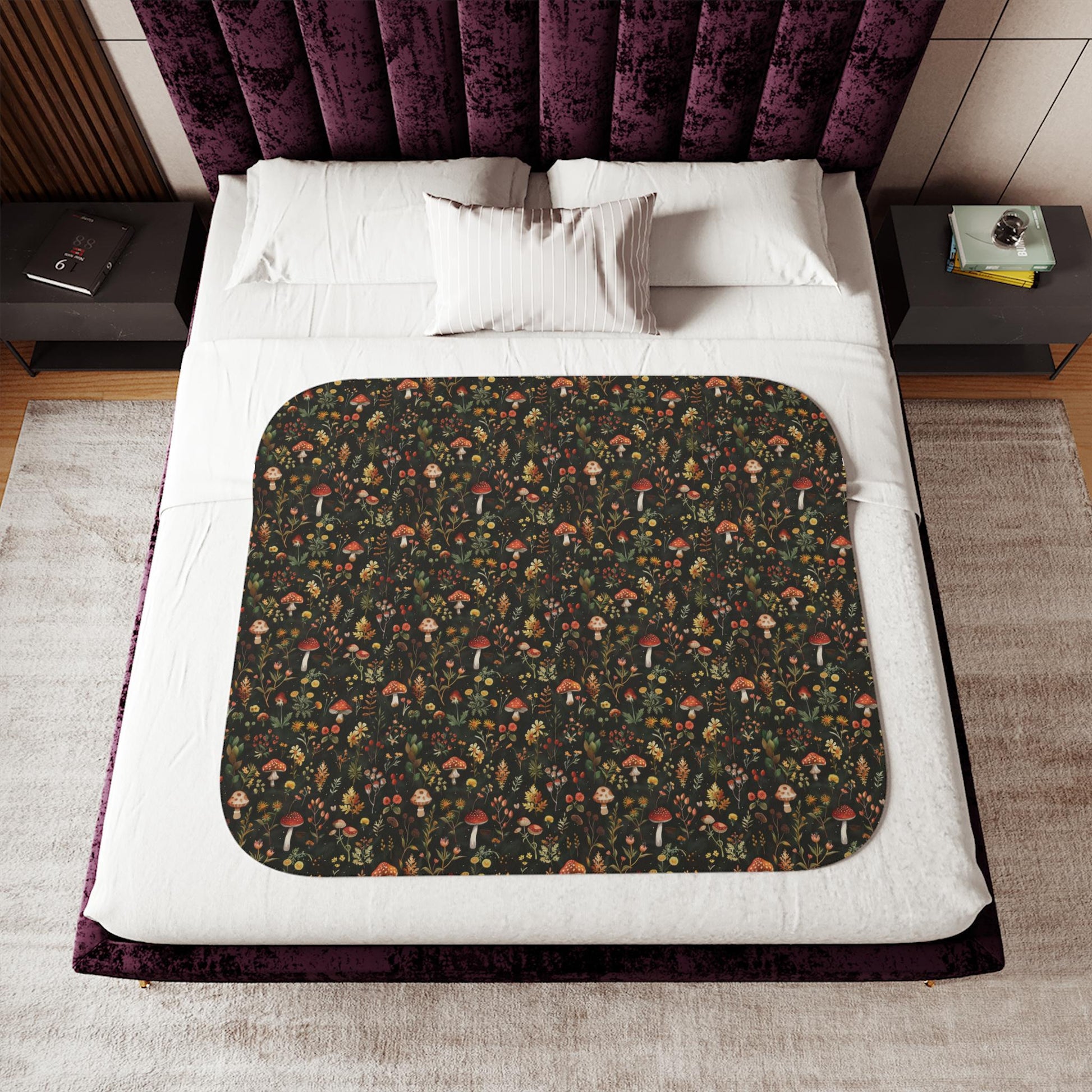 Autumn Mushroom Pattern Sherpa Blanket | Forest Fungi Cozy Throw