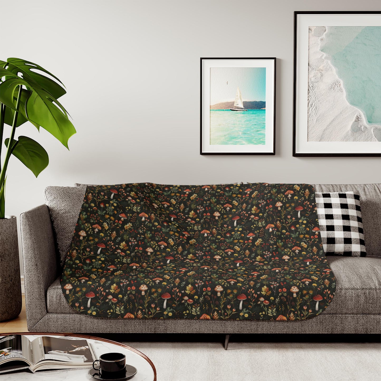Autumn Mushroom Pattern Sherpa Blanket | Forest Fungi Cozy Throw