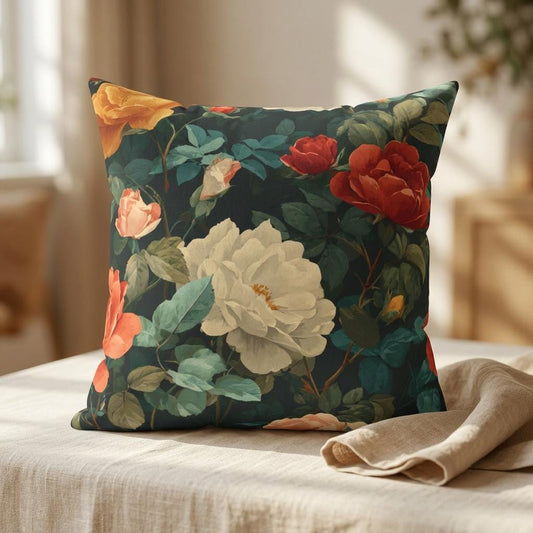 Vintage Floral Rose Bouquet Pillow | Dark Botanical Throw Pillow