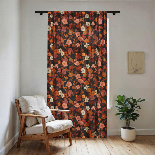 Autumn Floral Sheer Window Curtain | Rust Orange Brown Bloom Pattern