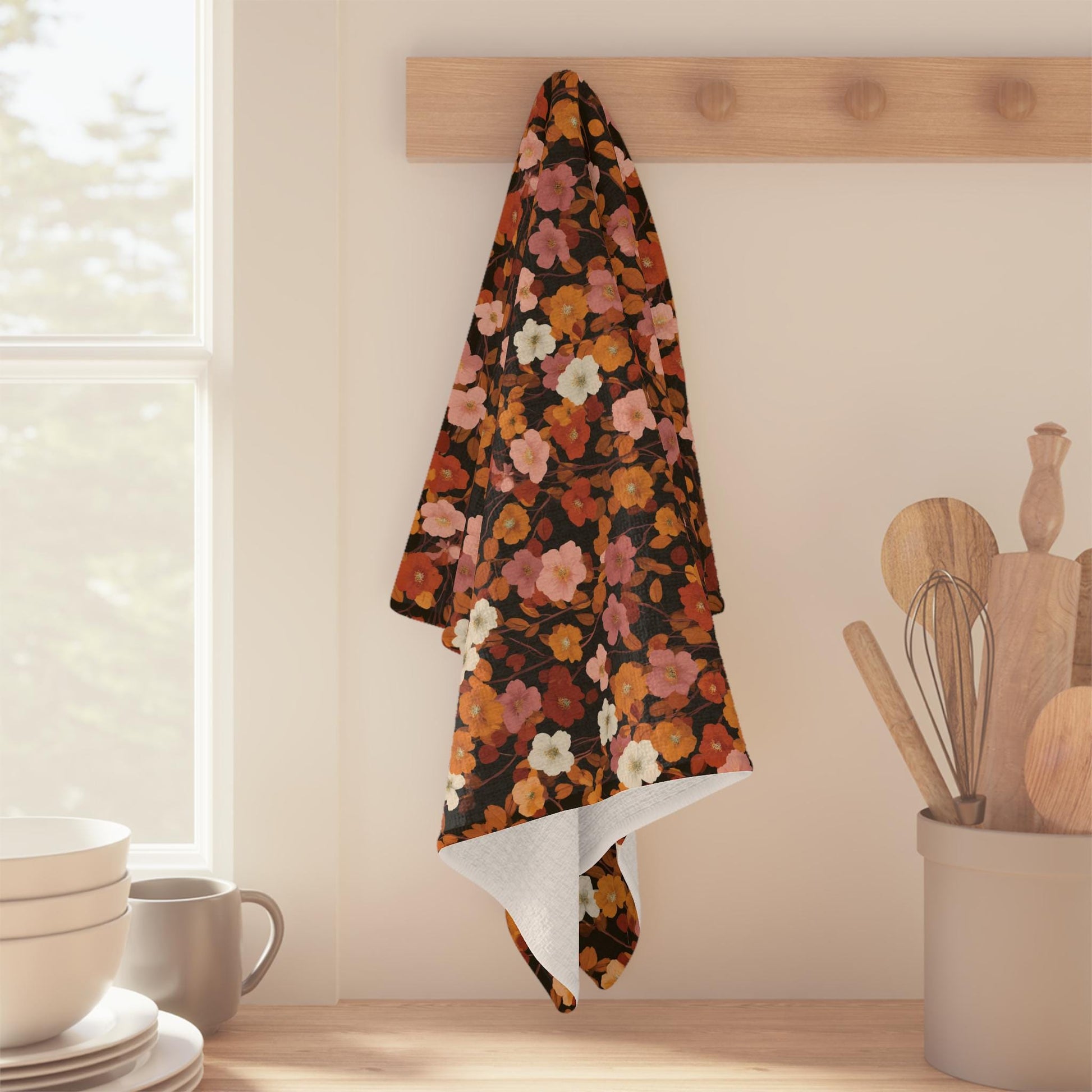 Autumn Floral Pattern Microfiber Tea Towel | Rust Orange Brown Floral Print