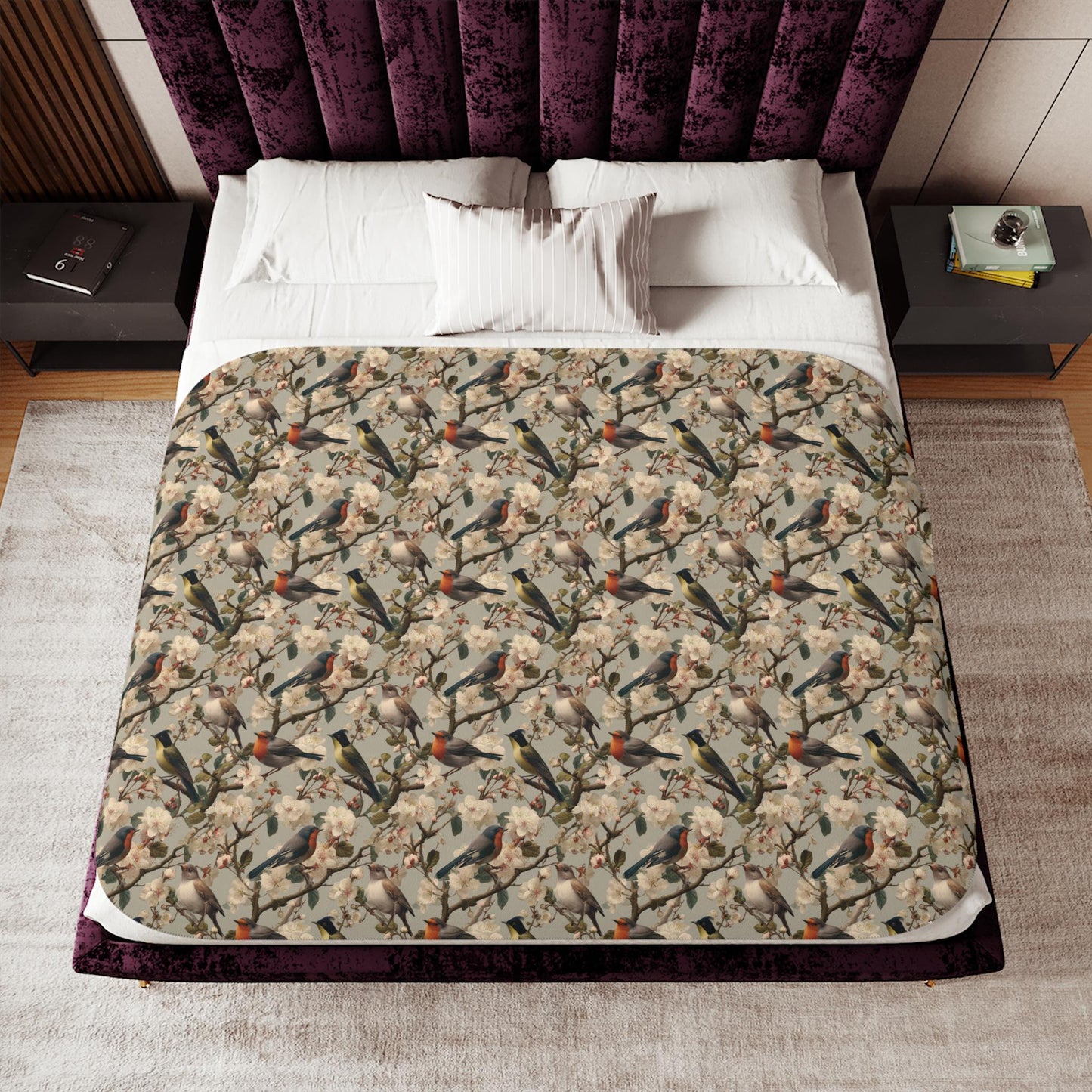 Autumn Hummingbird Pattern Sherpa Blanket | Nature Bird Floral Cozy Throw