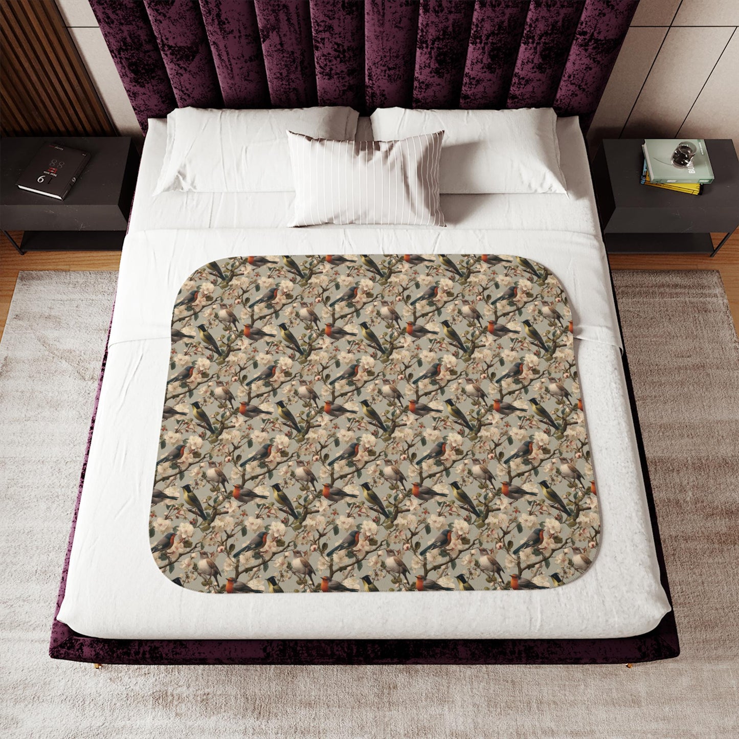 Autumn Hummingbird Pattern Sherpa Blanket | Nature Bird Floral Cozy Throw