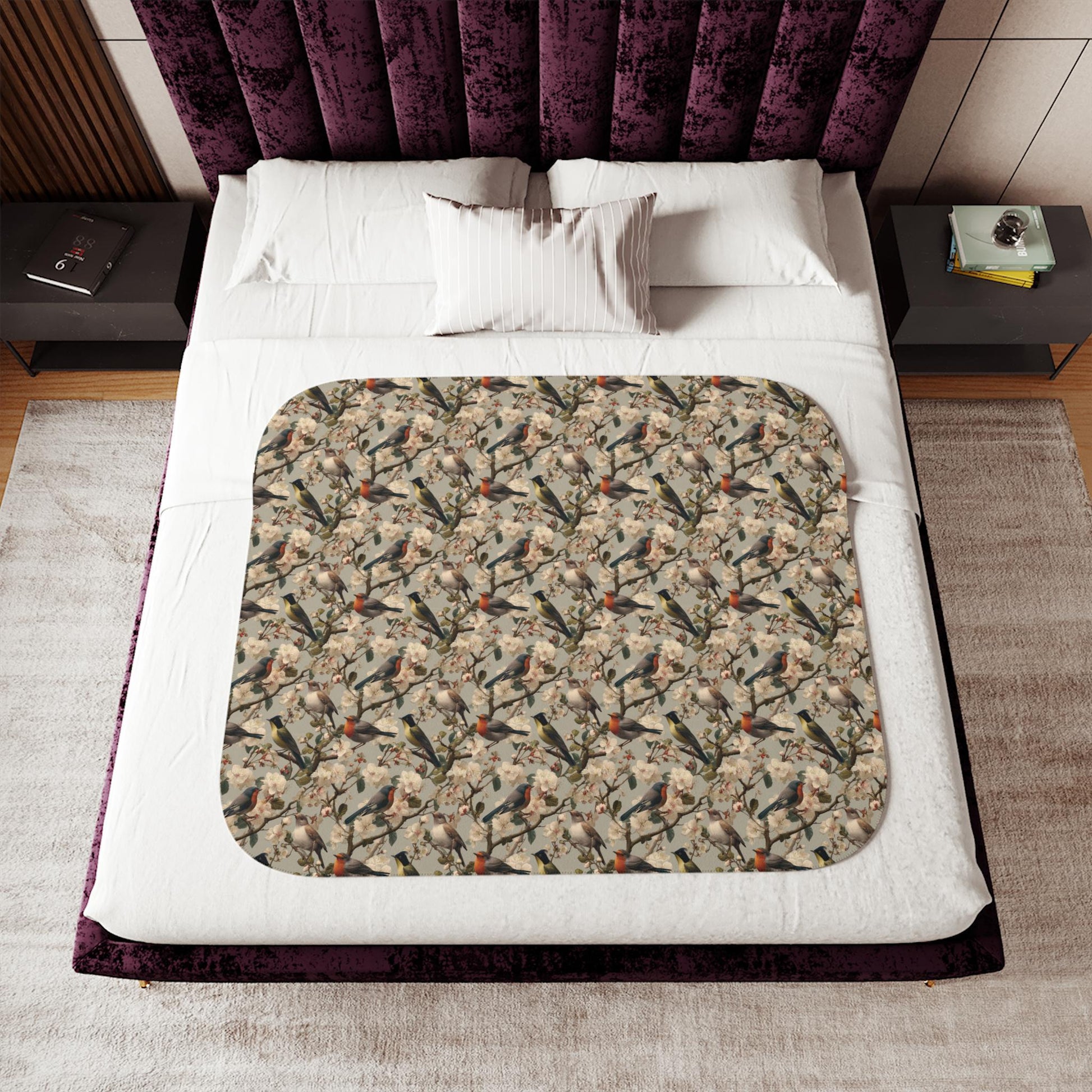 Autumn Hummingbird Pattern Sherpa Blanket | Nature Bird Floral Cozy Throw