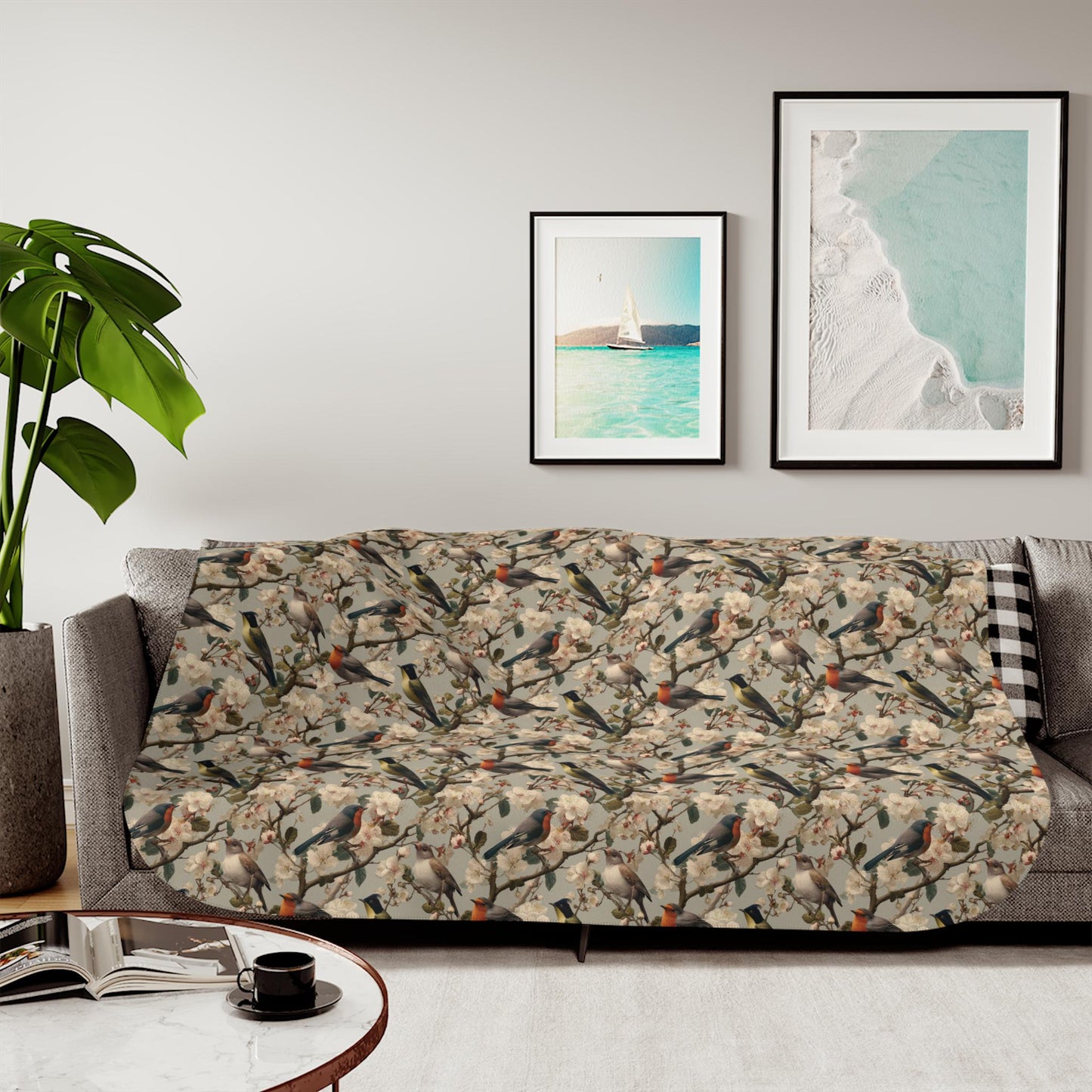 Autumn Hummingbird Pattern Sherpa Blanket | Nature Bird Floral Cozy Throw