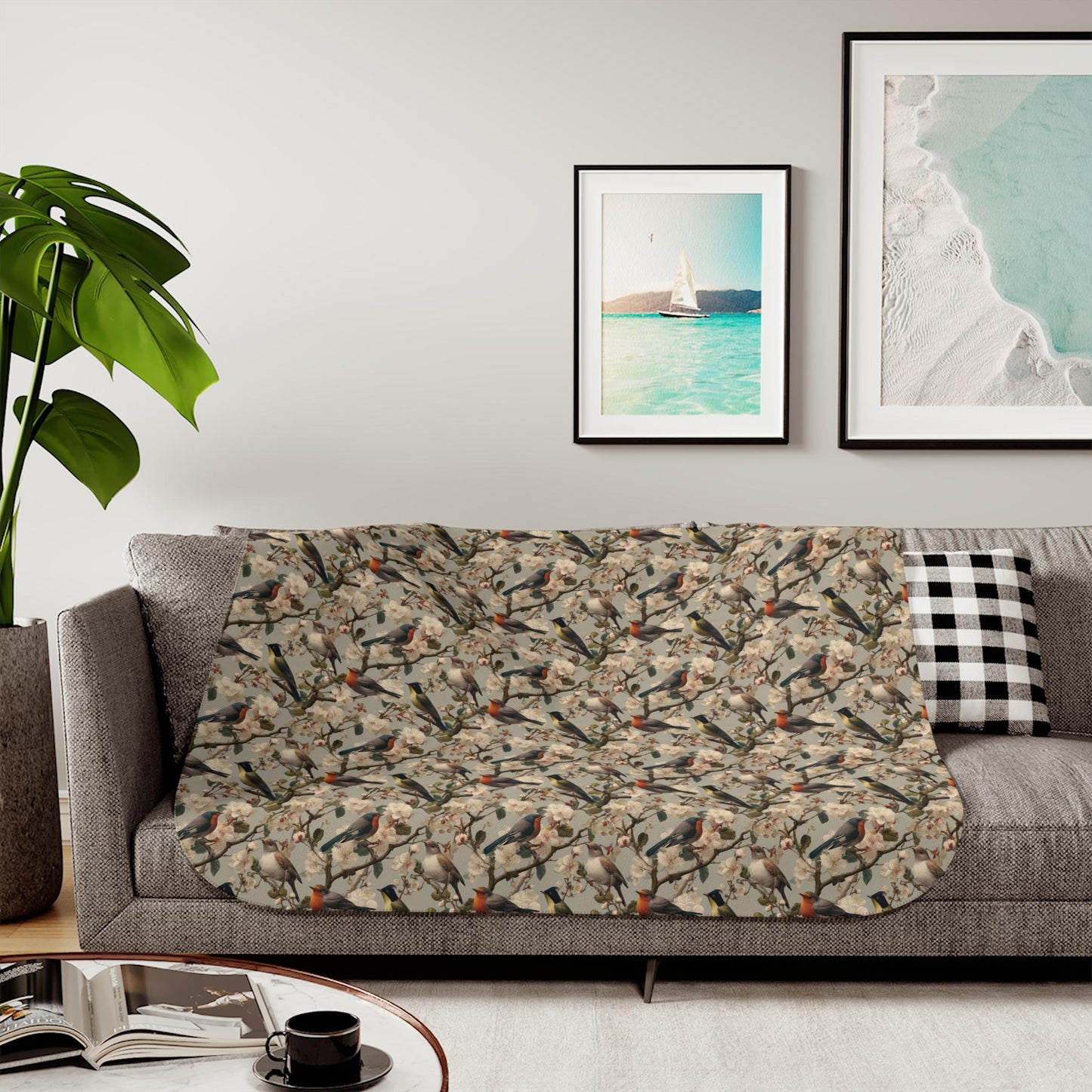 Autumn Hummingbird Pattern Sherpa Blanket | Nature Bird Floral Cozy Throw