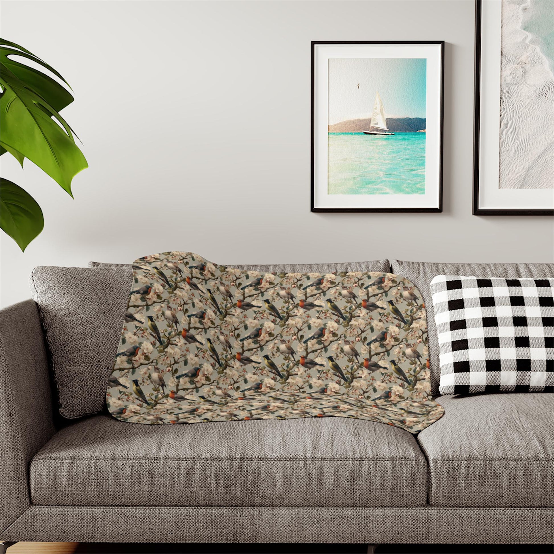Autumn Hummingbird Pattern Sherpa Blanket | Nature Bird Floral Cozy Throw
