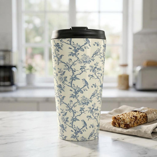 Blue Floral Toile de Jouy Vine Pattern Stainless Steel Travel Mug | Vintage Toile Design