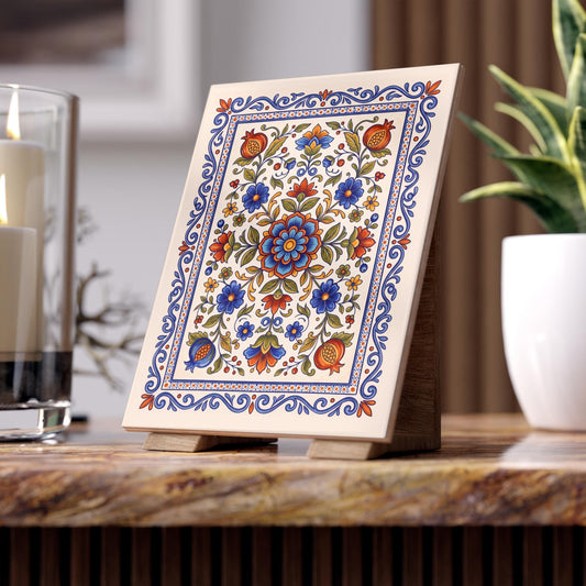 Blue Orange Folk Art Mosaic Ceramic Tile | Floral Pattern