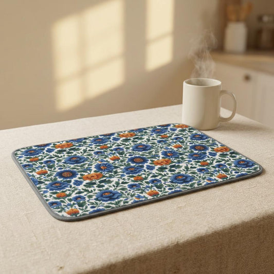 Blue Orange Floral Pattern Microfiber Kitchen Dish Mat | Vintage Tile-Inspired Design