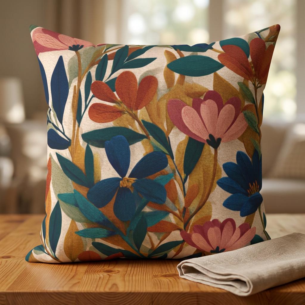 Autumn Floral Pattern Pillow | Botanical Throw Pillow, Colorful Leaves