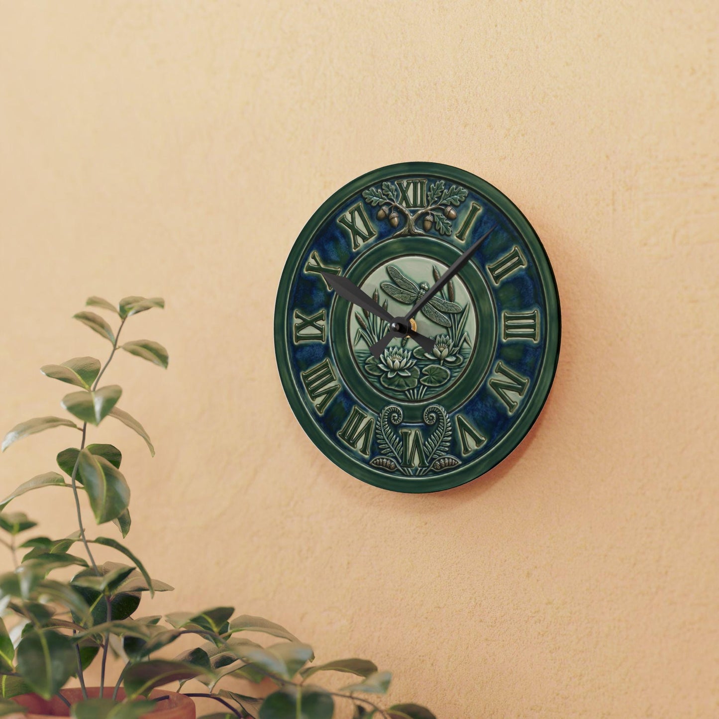 Art Nouveau Botanical Clock Acrylic Wall Clock | Roman Numerals, Green Ceramic Style