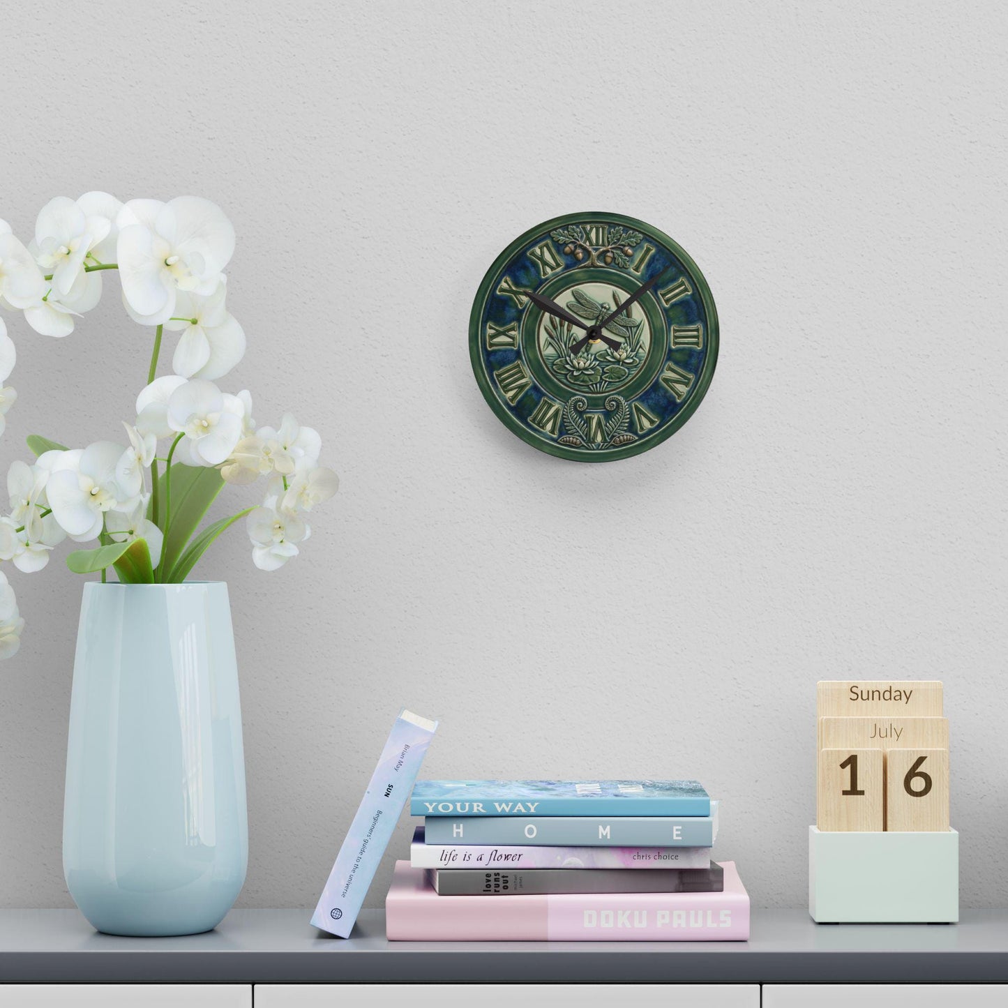 Art Nouveau Botanical Clock Acrylic Wall Clock | Roman Numerals, Green Ceramic Style