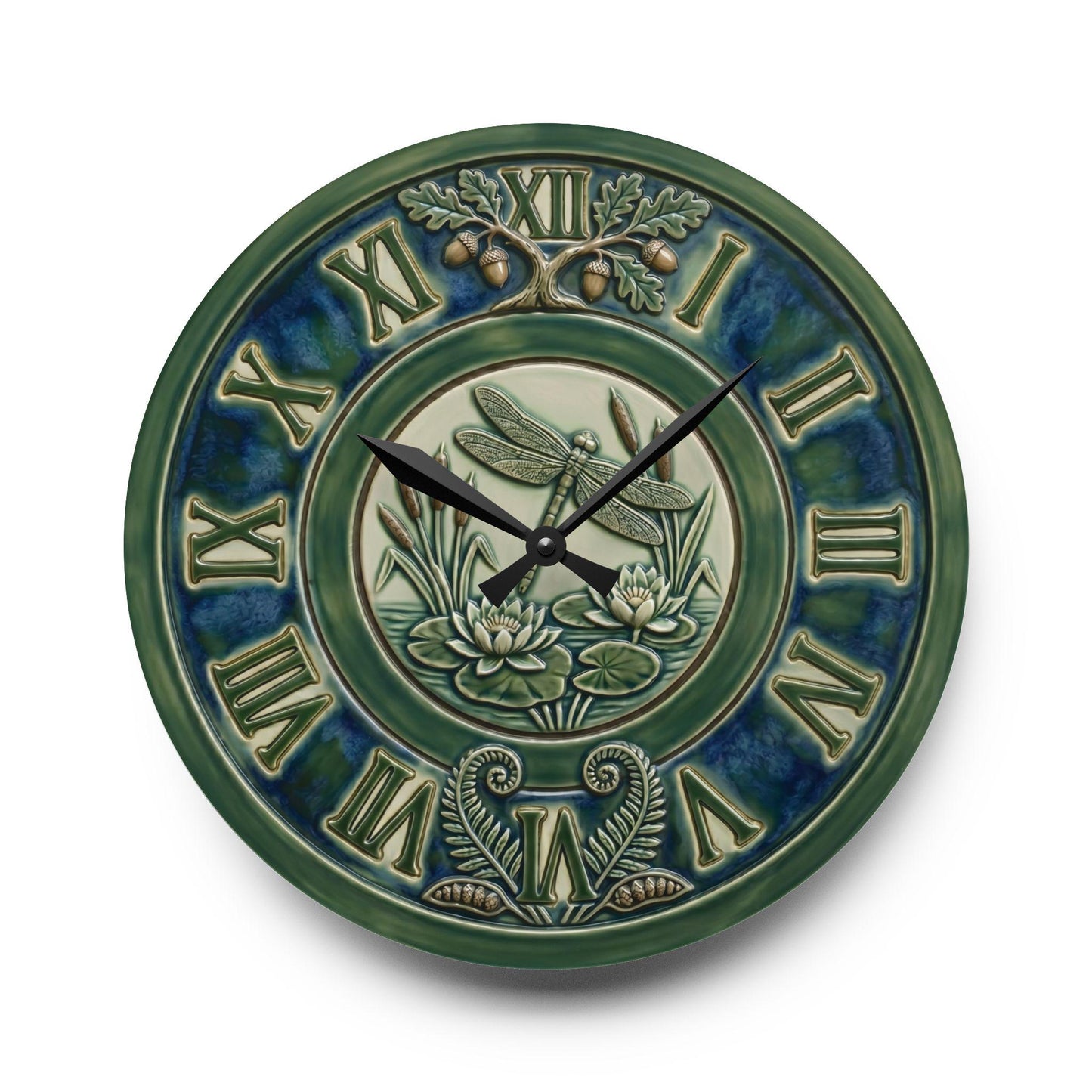 Art Nouveau Botanical Clock Acrylic Wall Clock | Roman Numerals, Green Ceramic Style