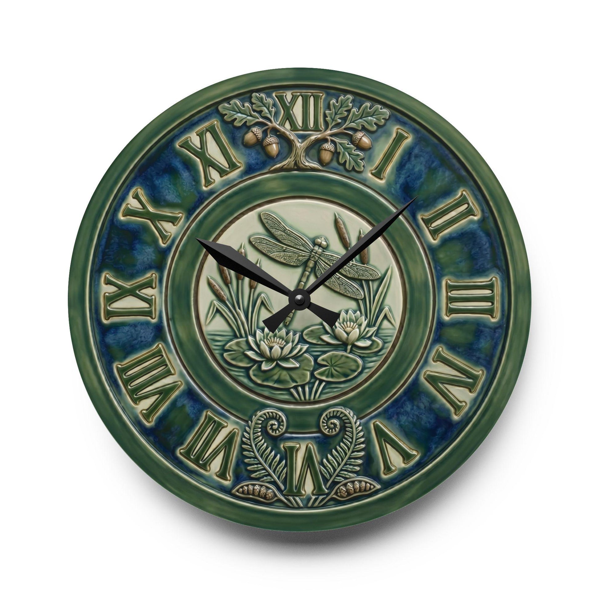 Art Nouveau Botanical Clock Acrylic Wall Clock | Roman Numerals, Green Ceramic Style