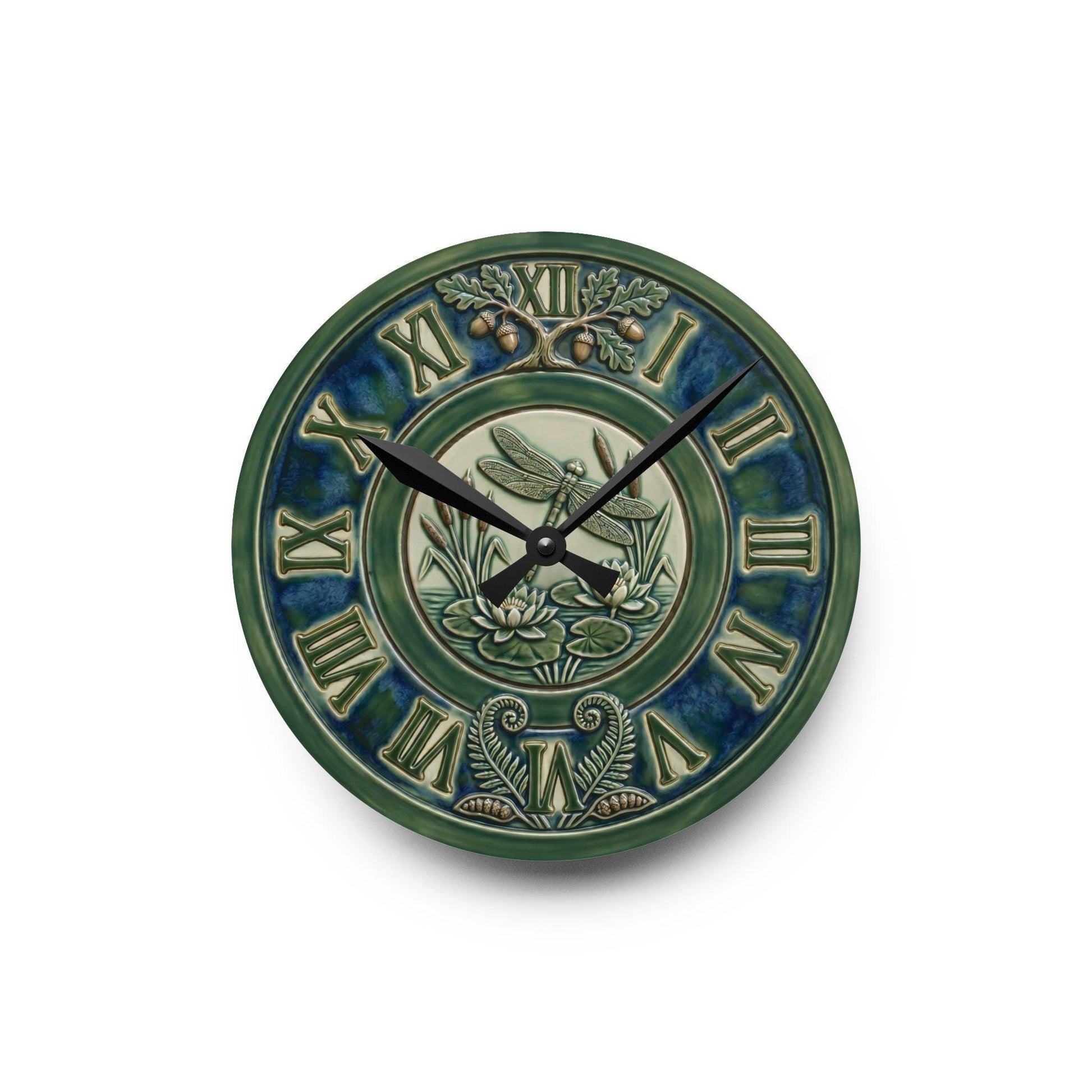 Art Nouveau Botanical Clock Acrylic Wall Clock | Roman Numerals, Green Ceramic Style