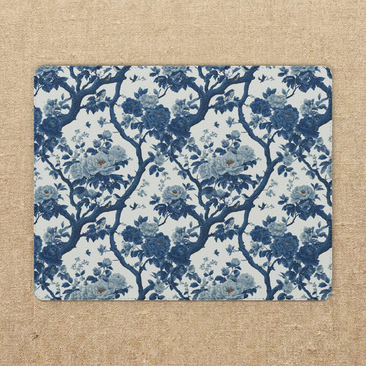 Blue Toile De Jouy Floral PU Leather Mouse Mat | Vintage Indigo Blossom Desk Pad
