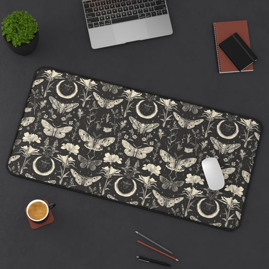 Vintage Moth and Crescent Moon Desk Mat | Botanical Pattern