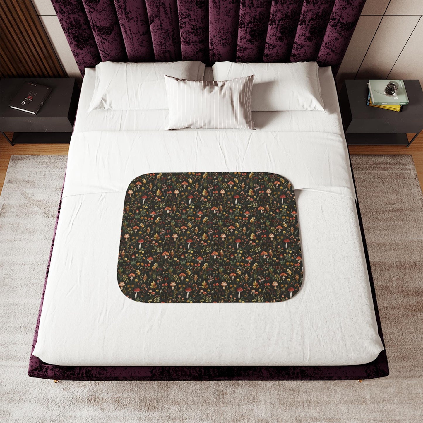 Autumn Mushroom Pattern Sherpa Blanket | Forest Fungi Cozy Throw