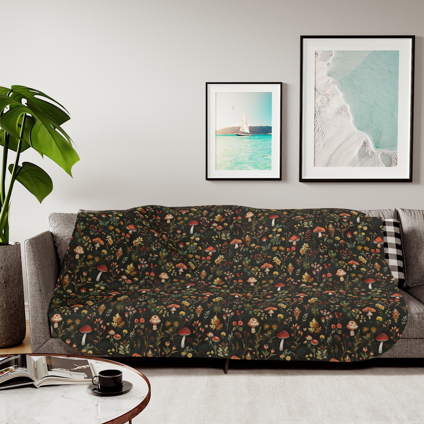 Autumn Mushroom Pattern Sherpa Blanket | Forest Fungi Cozy Throw