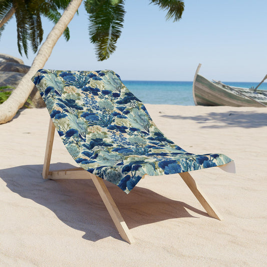 Blue Floral Pattern Beach Towel | Coastal Botanical Design