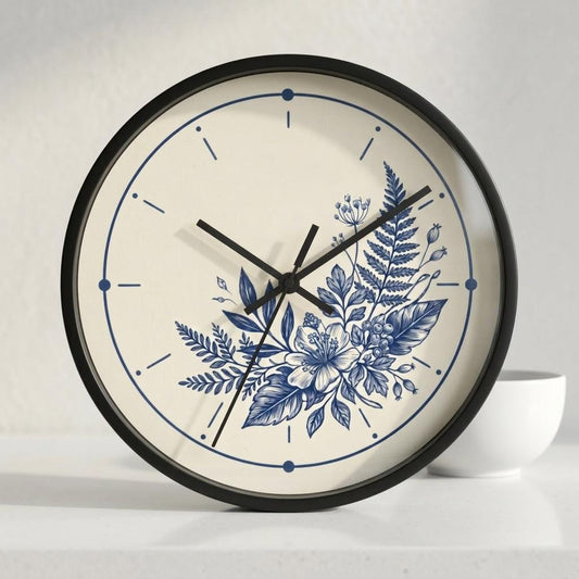 Blue Floral Illustration Wall Clock | Coastal Botanical Flower Clock