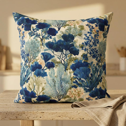 Blue Coastal Floral Botanical Pillow | Square Decorative Throw Pillow