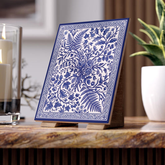 Blue Floral Pattern Ceramic Tile | Photo Blue and White Ceramic Tile | Vintage Botanical Delftware Art