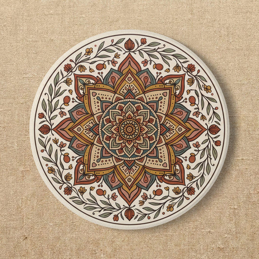 Boho Ceramic Coaster | Earthy Mandala Vintage Floral | Housewarming Gift for Her | Coffee Table Decor Drink Mat